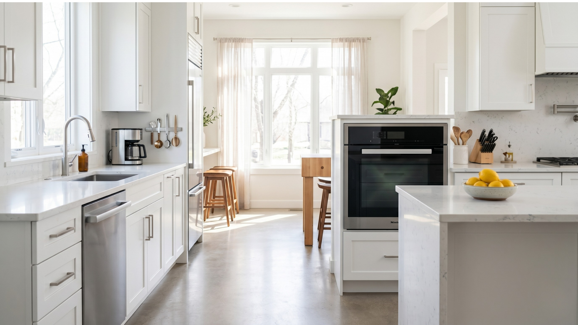 A professional female house cleaner wearing a beige shirt and jeans, focused on wiping down the interior glass pane of an open oven door with a yellow microfiber cloth in a modern kitchen.