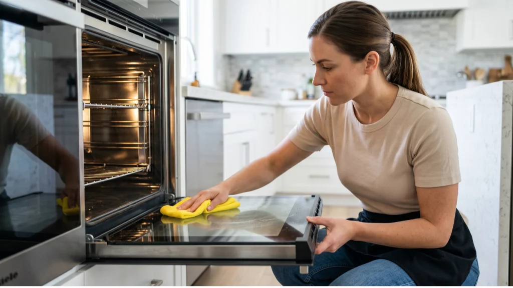 A professional female house cleaner wearing a beige shirt and jeans, focused on wiping down the inside glass of an open oven door with a yellow microfiber cloth in a modern kitchen.