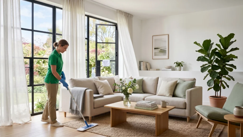 Professional cleaner mopping a bright modern living room in Minneapolis during spring cleaning, improving home cleanliness and air quality