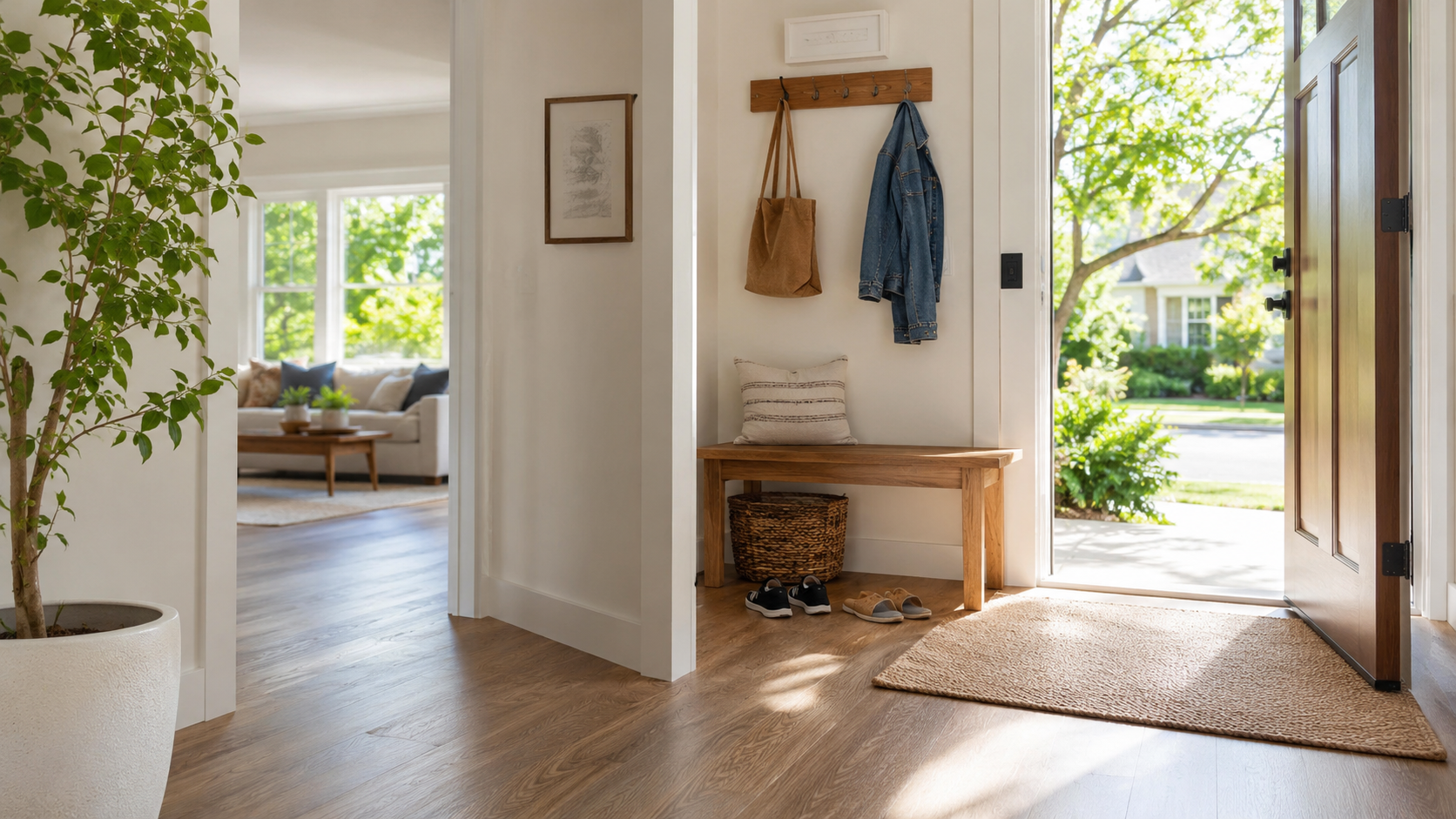 Clean modern entryway in a Twin Cities home during summer